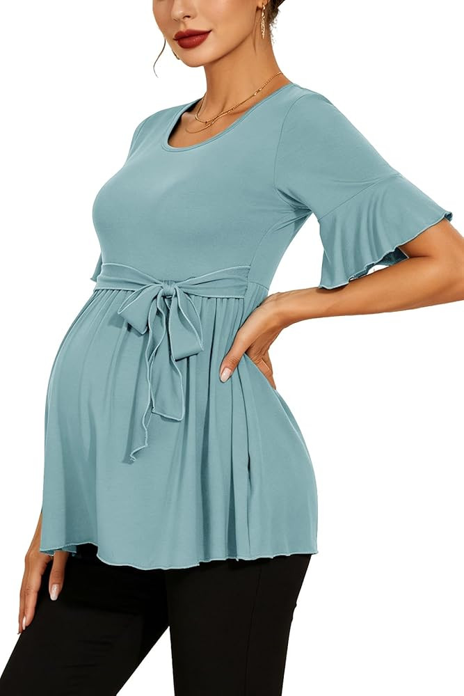 Women's Ruffle Maternity Tops Short Sleeve Wrap Tie Front Shirts Pregnancy Clothes | Amazon (US)
