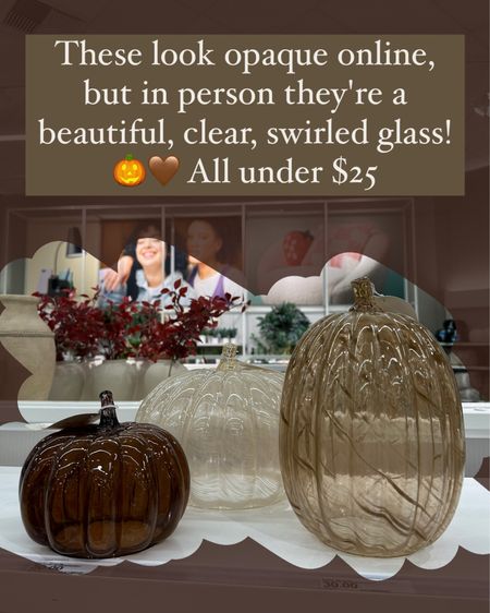 Fall decor at target! These glass pumpkins start at $15 and would be so beautiful on a coffee table or mantle!
..............
Glass pumpkin, fall decor, target fall decor, target pumpkin, pottery barn fall decor dupe, pottery barn dupe, west elm dupe, crate and barrel dupe, cb2 dupe, fall coffee table decor, fall entry table decor, fall mantle decor, fall fireplace decor, home decor for fall, fall home decor under $25, fall home under $20, pumpkins under $20, target home new arrivals, target new arrivals, target threshold fall decor 

#LTKfamily #LTKhome #LTKSeasonal