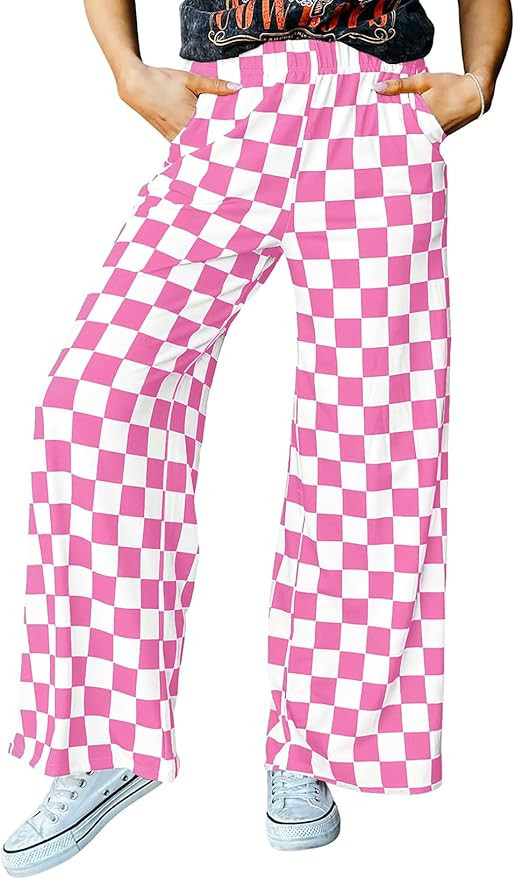 IWOLLENCE Women's Casual Loose Checkered Wide Leg Pants High Waist Straight Lounge Y2K Gingham Tr... | Amazon (US)