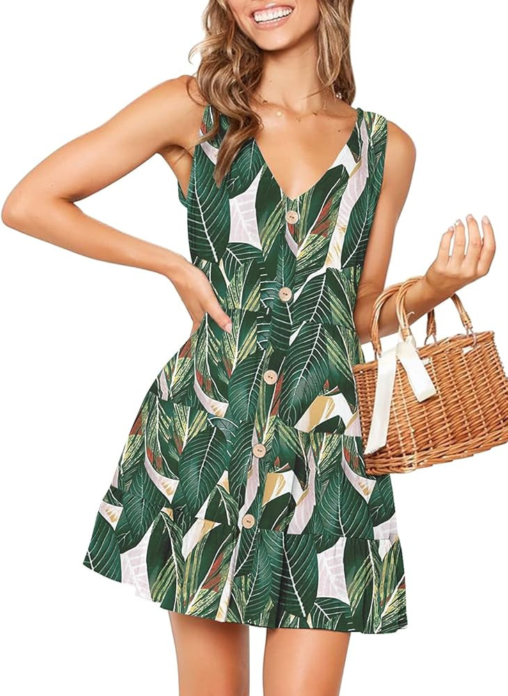 MITILLY Women's Summer Sleeveless V Neck Button Down Casual Pocket Swing Short Dress | Amazon (US)