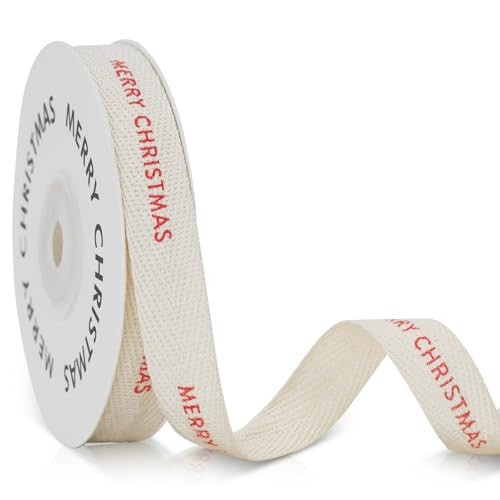 KINGLAKE Merry Christmas Ribbon - 5/8" Cotton Christmas Ribbon Natural Twill Tape Cotton with Red Merry Christmas Herringbone Holiday Ribbon for Crafts Gift Wrapping 10 Yards Thin Xmas Ribbons | Amazon (US)