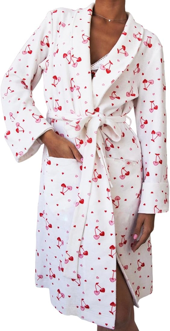Linjianvhai Women Plush Long Robe Floral Fruit Print Fleece Shawl Collar Bathrobe for Spa Party R... | Amazon (US)