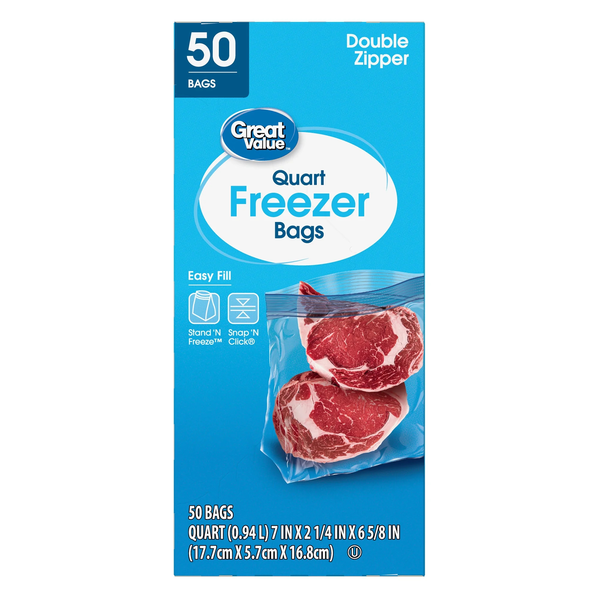 Great Value Freezer Guard Double Zipper Freezer Bags, Quart, 50 Count | Walmart (US)