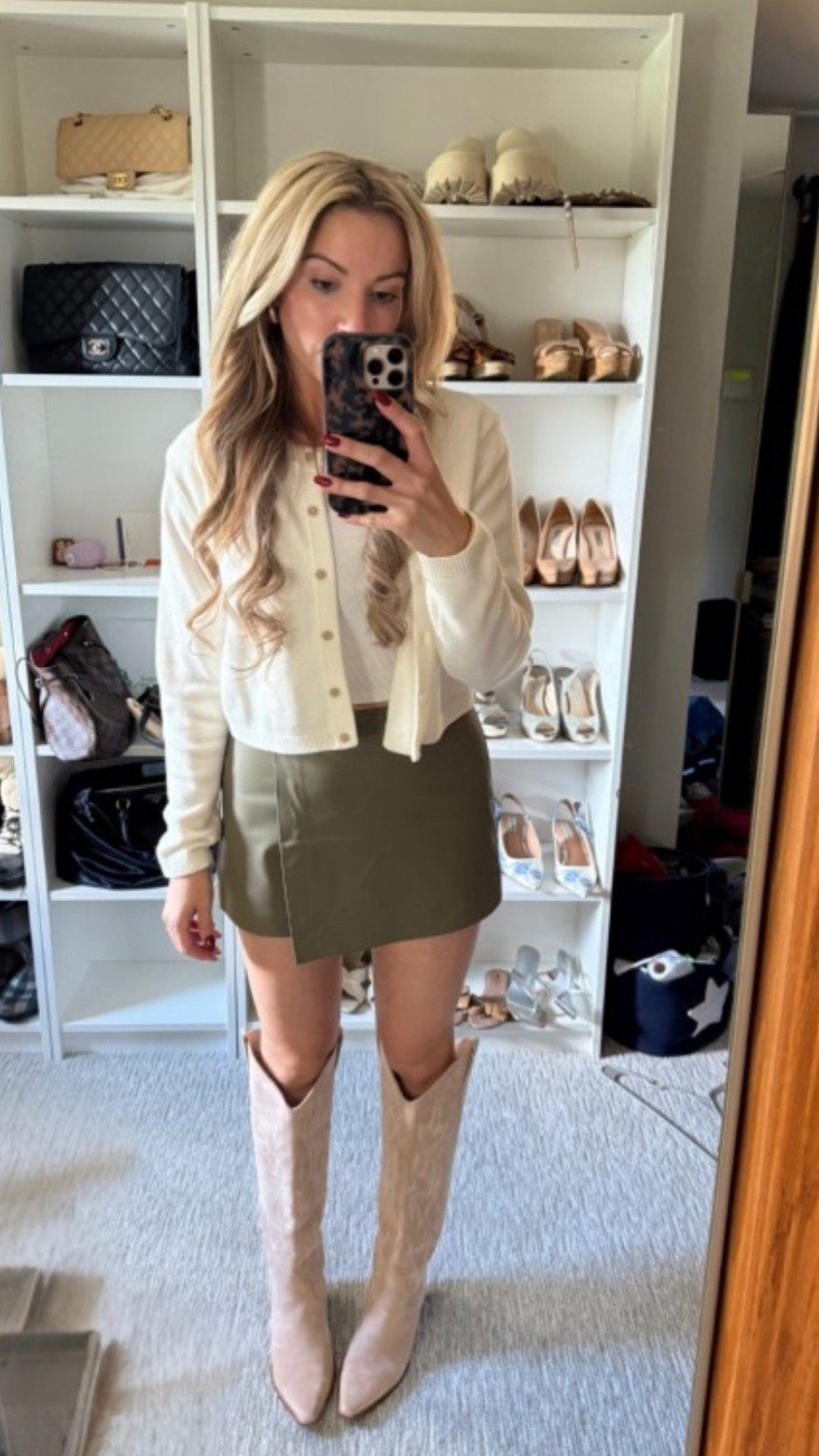 OOTD date night outfit leather skort skirt olive green western boots cowgirl boots aritzia cardigan country concert 

#LTKFindsUnder50 #LTKStyleTip #LTKFindsUnder100