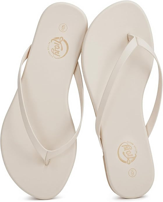 Trary Round Toe Memory Foam Sandals for Women, Vegan Leather Non-Slip Beach Pool Travel Flip Flop... | Amazon (US)