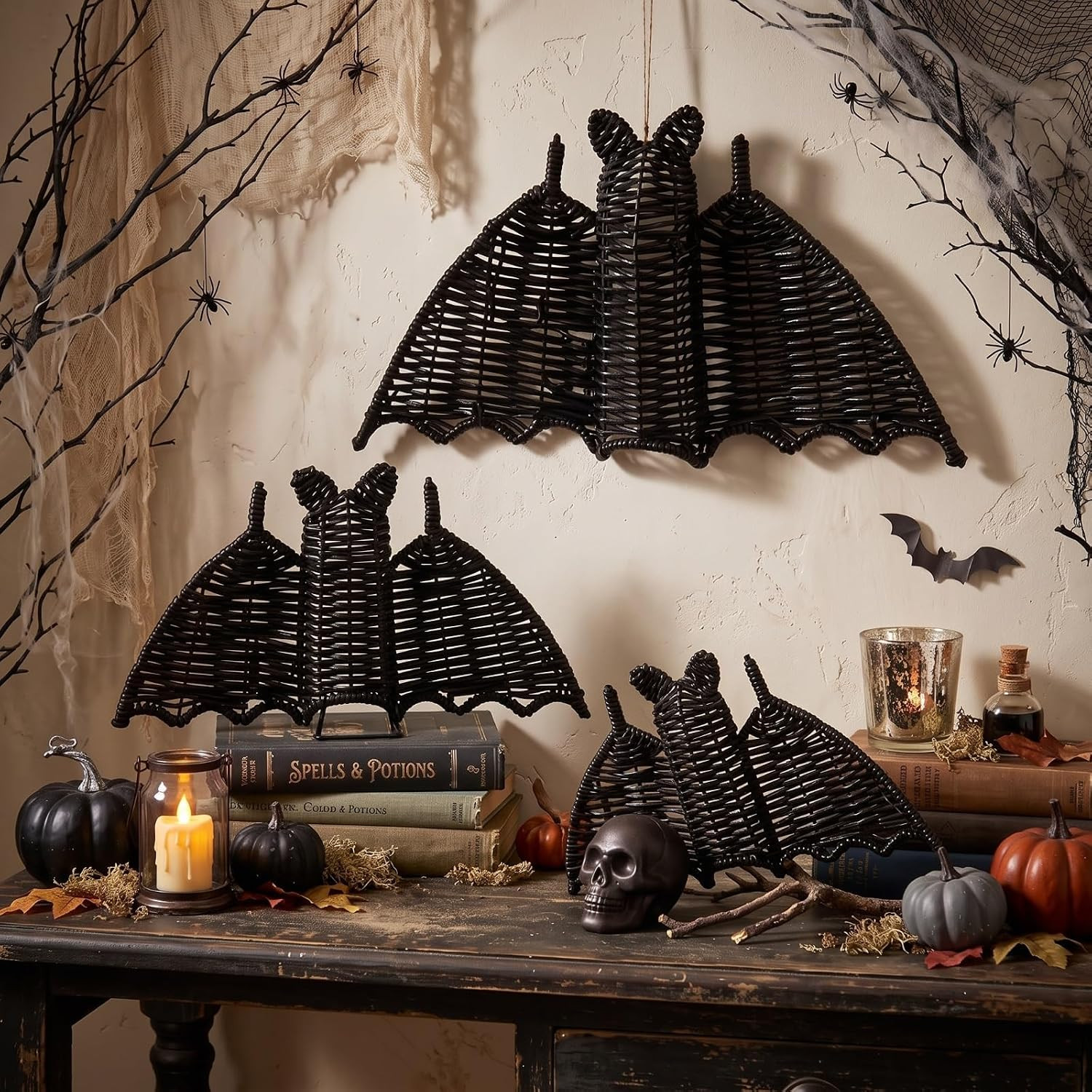 Threehoney 3 Pcs Halloween Hanging Woven Rattan Bat for Home Decor, 3 Size | Amazon (US)