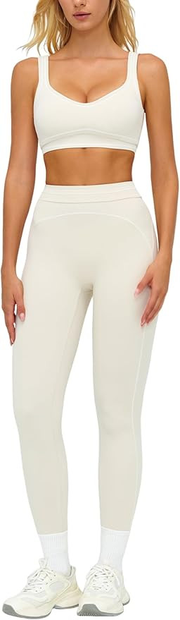 Women 2 Piece Workout U Back Color Block Sports Bra High Waist Tummy Control Active Leggings Yoga... | Amazon (US)