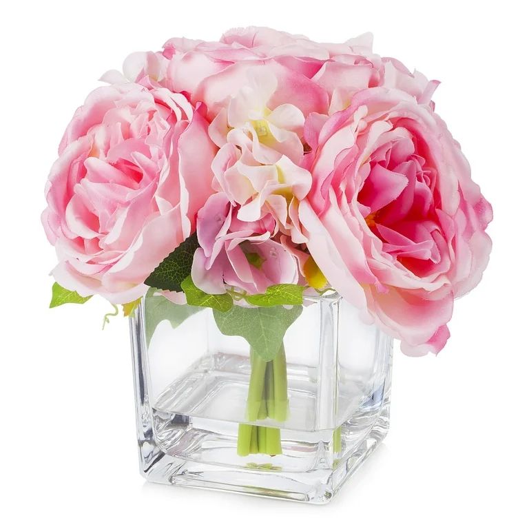 Enova Home Artificial Flowers Mixed Silk Peony and Hydrangea Fake Flowers in Cube Glass Vase with... | Walmart (US)