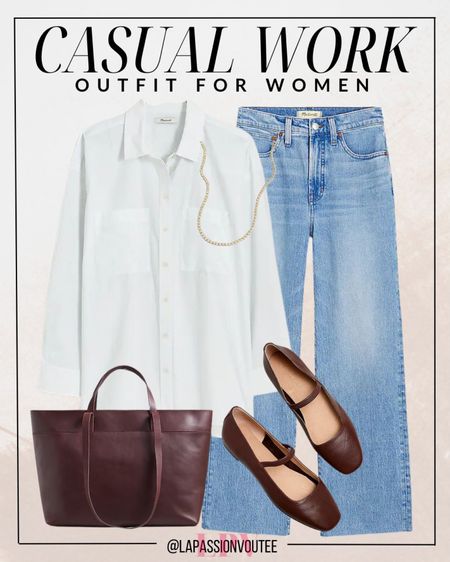 Effortlessly chic: Opt for wide leg jeans paired with a crisp poplin shirt for a casual yet sophisticated ensemble. Elevate the look with a statement necklace and a roomy tote bag for practical elegance. Finish off with comfortable ballet flats for a polished, versatile outfit perfect for any occasion.

#LTKstyletip #LTKworkwear #LTKSeasonal