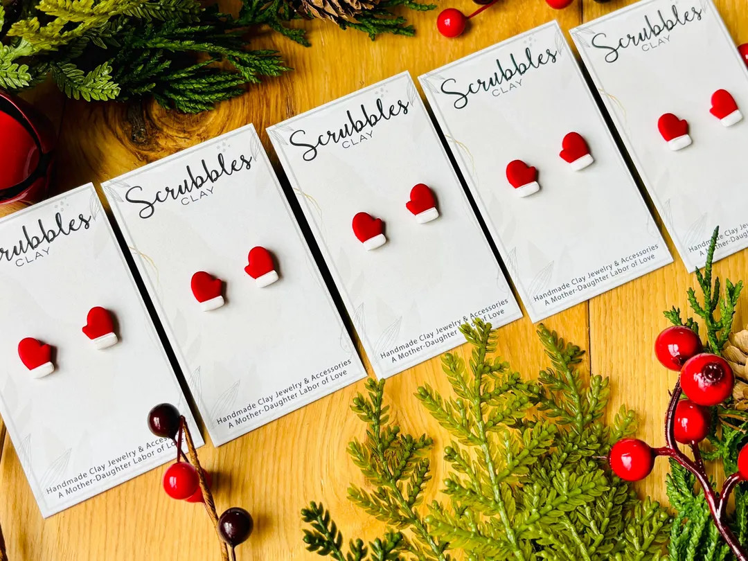 Christmas Santa Mitten Handmade Clay Studs - Etsy | Etsy (US)