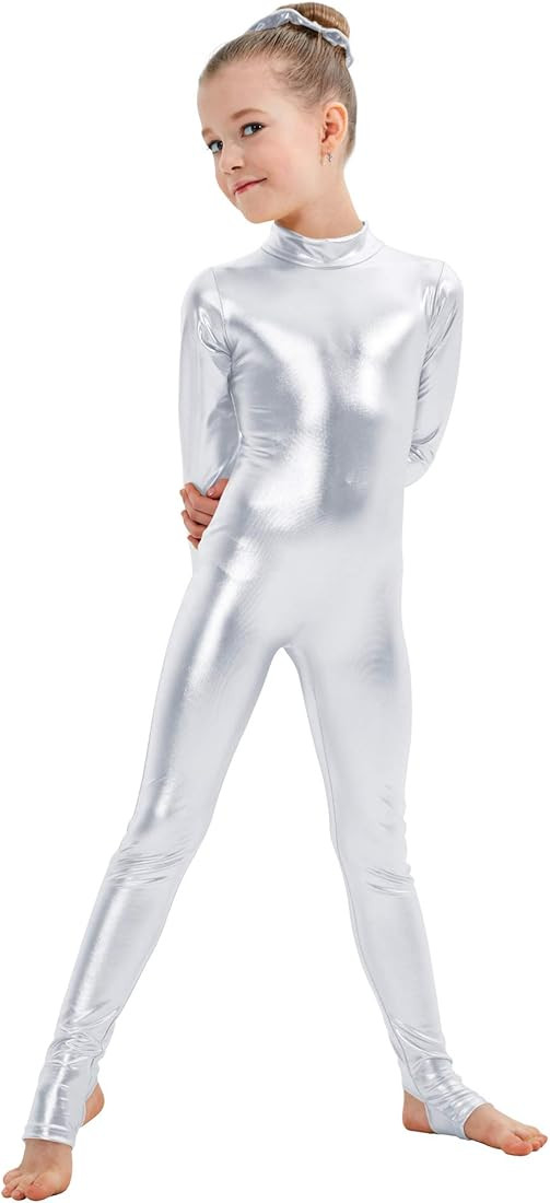 Kepblom Girls Shiny Metallic Mock Neck Unitard Long Sleeve Zipper Back One Piece Bodysuit Costume | Amazon (US)