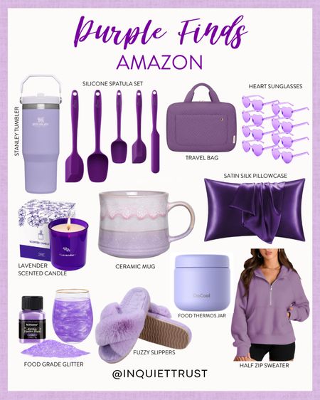 This spatula set, mugs, tumblers, candles, sunglasses, travel bag, food container, fuzzy slippers, sweater, and satin pillowcase are a great addition to your purple collection! 
#amazonfinds #giftideas #kitchenessentials #cozyclothes

#LTKhome #LTKshoecrush #LTKstyletip