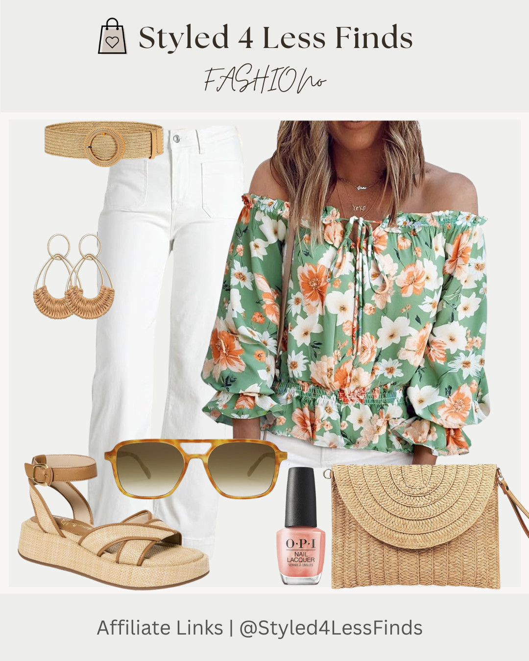 Spring outfits that feel fresh, feminine and easy to wear 🌸

This floral off-the-shoulder top paired with white denim, is one of those effortless combos that always looks polished. I love adding natural textures like a woven belt, raffia sandals and a straw clutch to give the whole outfit those easy spring/summer vibes.

Style Tip: When wearing white pants, mix in warm neutral accessories (raffia, tan leather, gold jewelry) to soften the look and make the outfit feel more relaxed and seasonal. 

 #LTKcanada #LTKover50style #LTKstyletip