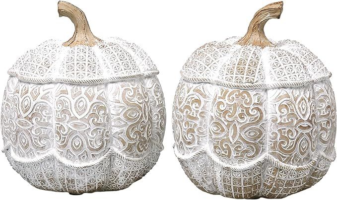 MyGift Shabby Chic Artificial Pumpkin Decoration with Intricate Etched Floral Pattern Design, Set... | Amazon (US)