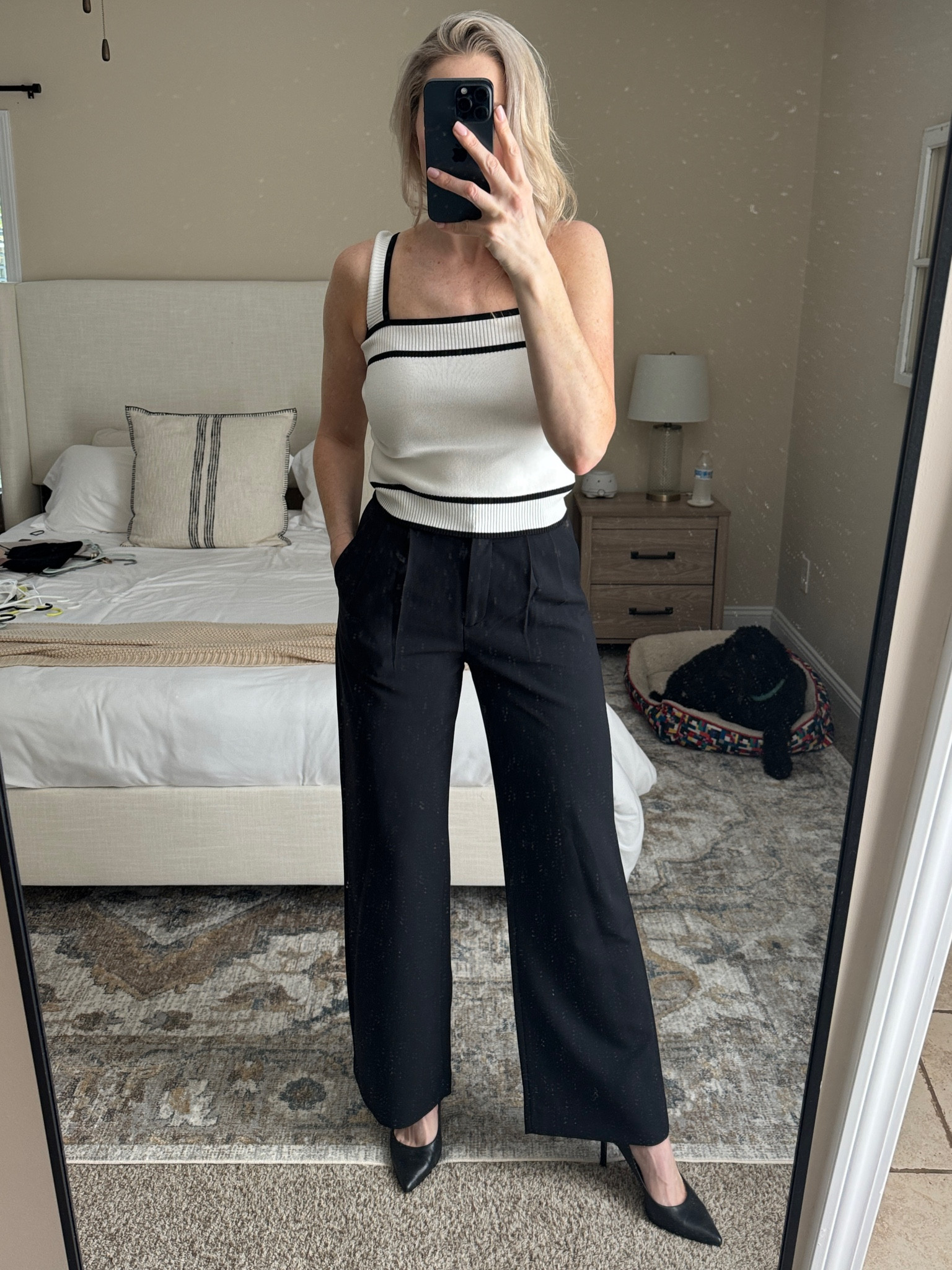 Black and white knit top, black trousers and black heels

#LTKshoecrush #LTKfindsunder100