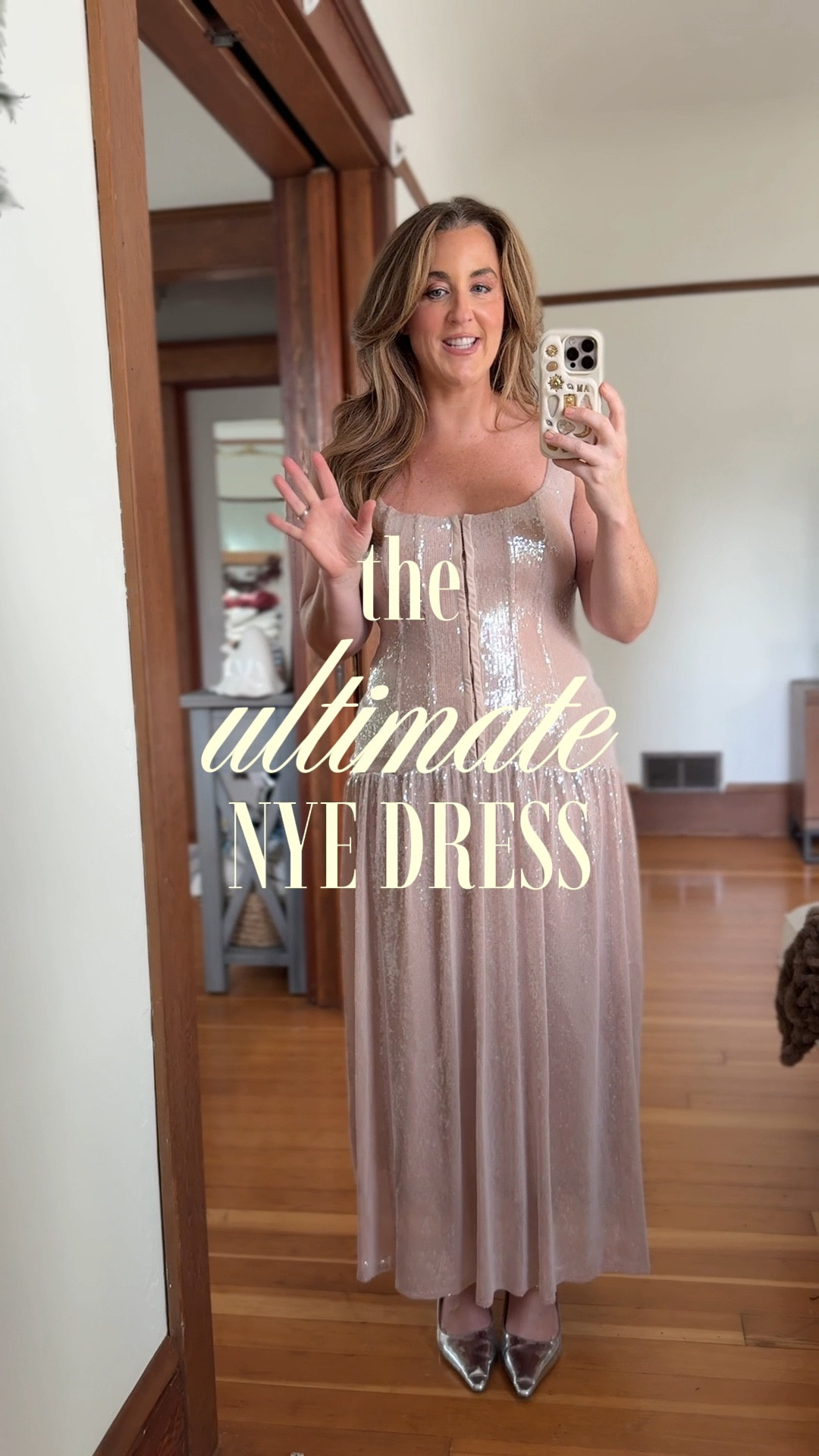 The ultimate nye dress for 30 somethings! Pale pink nude sequin midi dress fits true to size.  You get the corset look, but the fabric is really stretchy.  Wearing a M

Size 8, new years dresses, nye outfit ideas, nye outfits, midsize nye outfits, midsize holiday party try on, 

#LTKParties #LTKMidsize #LTKOver40