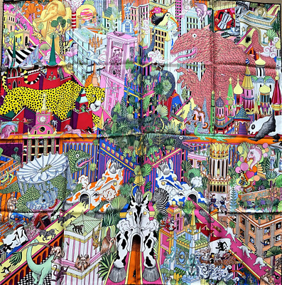 Auth Hermes Silk Scarf Animapolis scarf 90cm  35"x35" green pink yellow blue  | eBay | eBay US