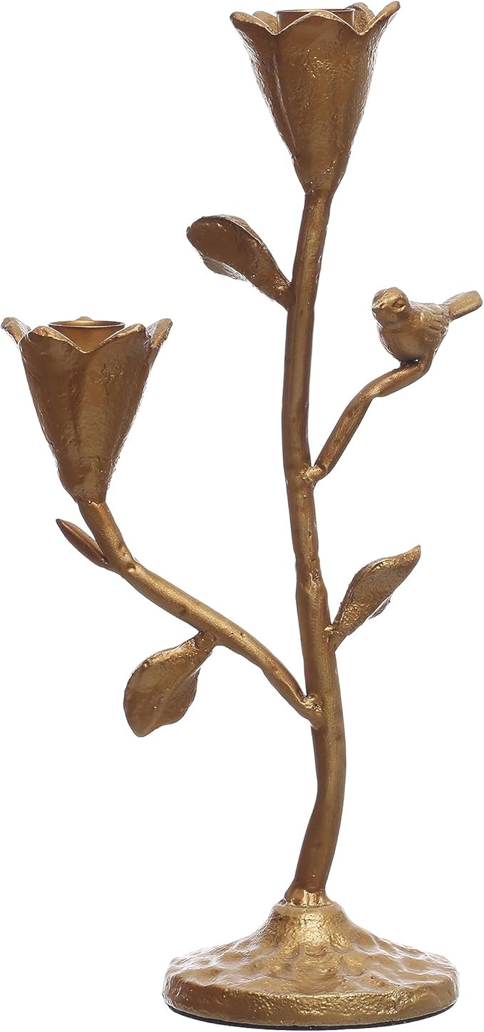 Creative Co-Op Hand-Forged Cast Iron Candelabra with Flowers and Bird, Holds 2, Gold Taper Holder | Amazon (US)