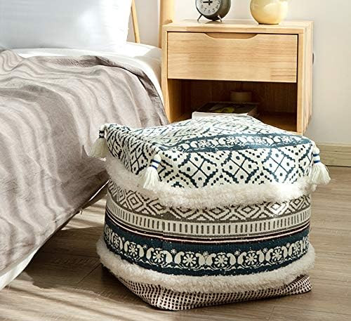 Amazon.com: RISEON Boho Hand Woven Contemporary Cotton Linen Fabric Pouf Cover Footstool Ottom... | Amazon (US)