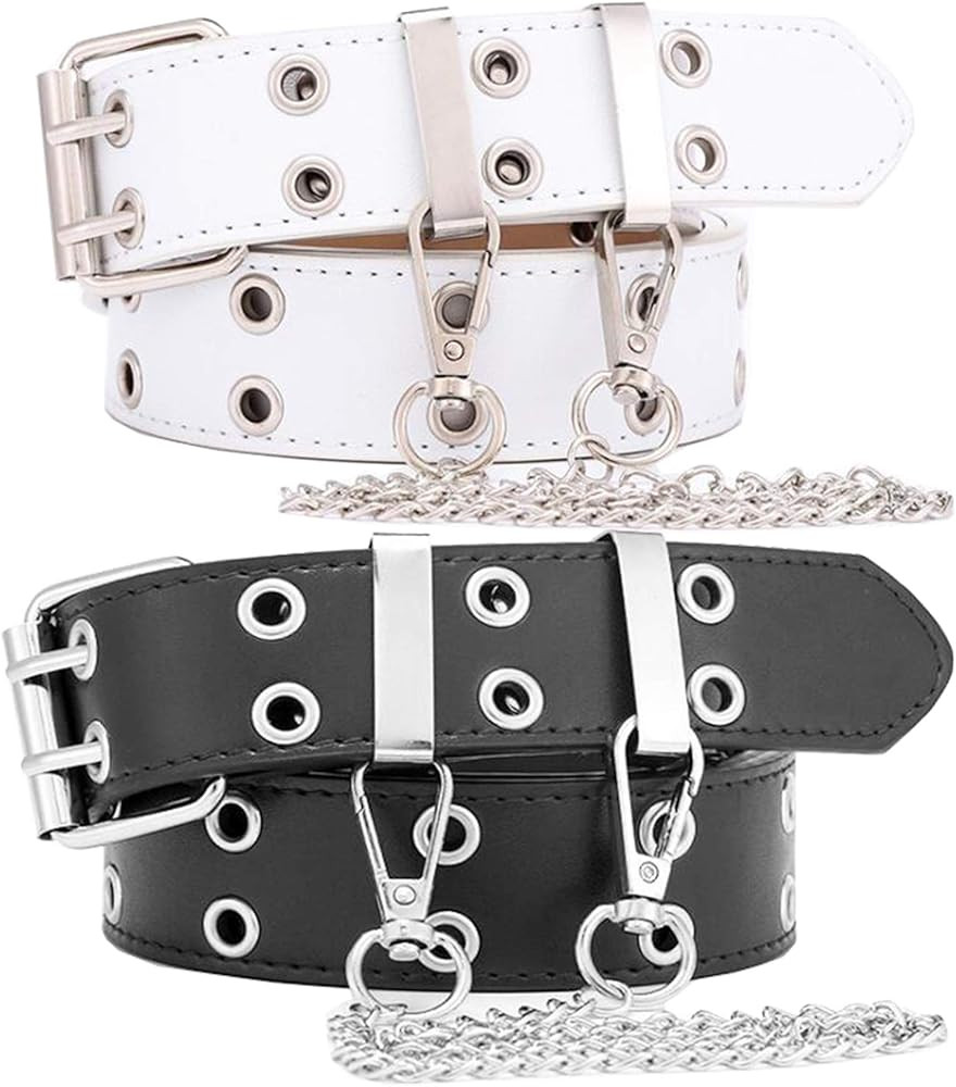 INOGIH Double-Grommet-Belt Leather Punk-Waist-Belt with Chain for Women Jeans Dresses | Amazon (US)