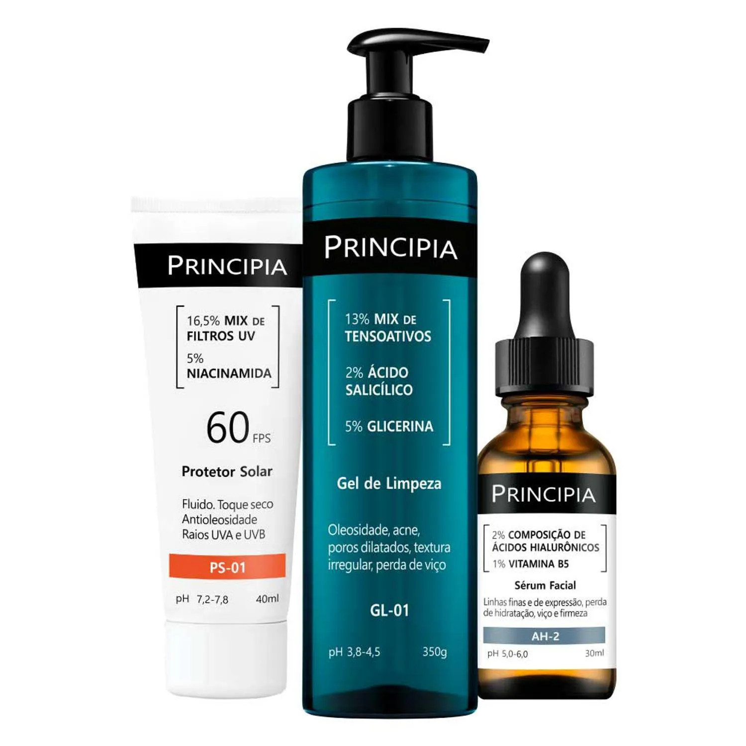 Kit Principia Anti-Acne (3 Produtos) - Gel De Limpeza Gl-01 350G + Sérum Ácidos Hialurônicos 30Ml + Protetor Solar Com Niacinamida 40Ml | DrogaRaia (BR)