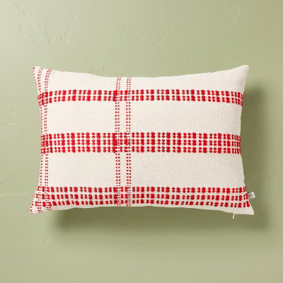 14"x20" Open Texture Plaid Lumbar Christmas Throw Pillow Red/Cream - Hearth & Hand™ with Magnol... | Target