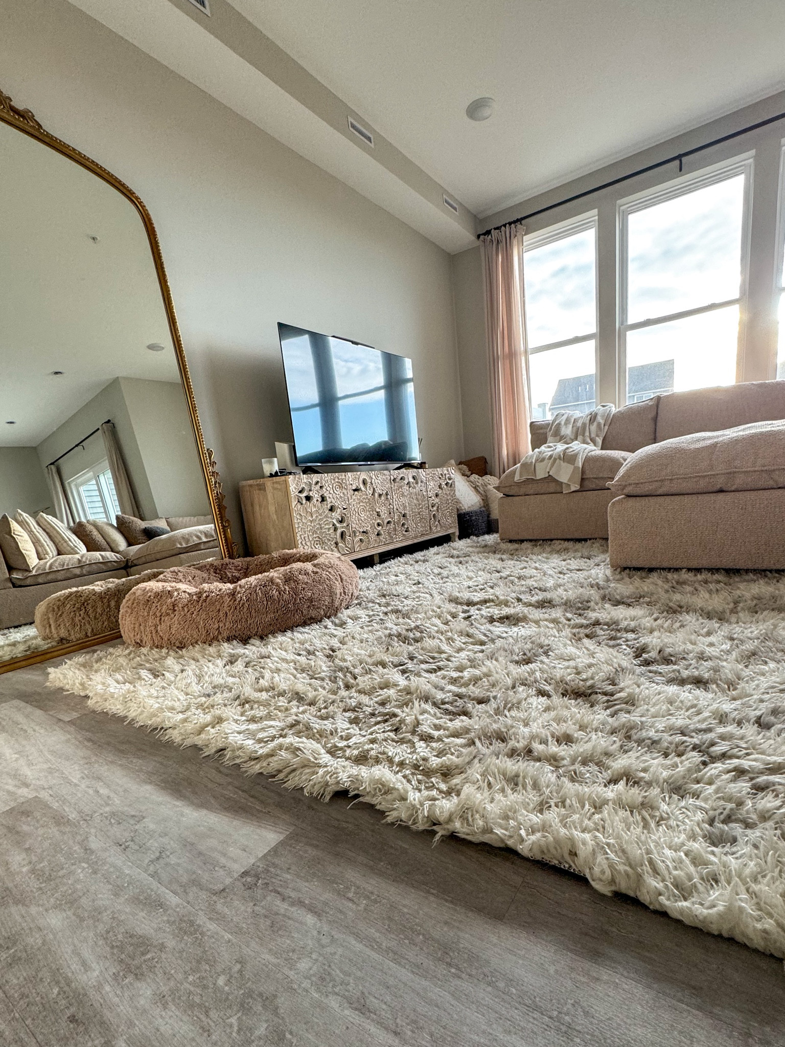 Current new home views…Going for cozy, neutral, subdued  boho

Living room, area rug, sofa sectional, sofa put, media console, curtains 

#LTKsalealert #LTKhome