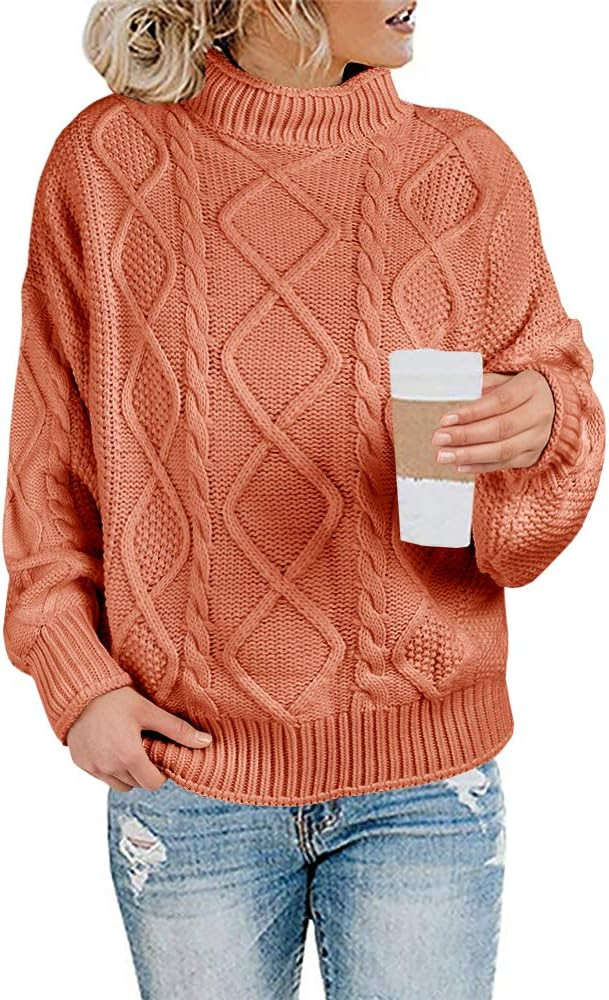 Maroway Womens Turtleneck Sweaters Cable Knit Chunky Pullovers Casual Long Sleeve Loose Jumper To... | Amazon (US)