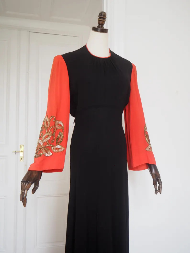 Rare 1930s Old Hollywood Gown | Embroidered Bell Sleeves | Art Deco Evening | Waist 27.5" | Etsy (Global)