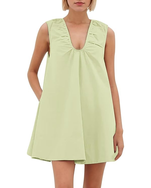 MISSACTIVER Women's Sleeveless Babydoll Tank Mini Dress Scoop Neck Ruched Short Dress with Side P... | Amazon (US)