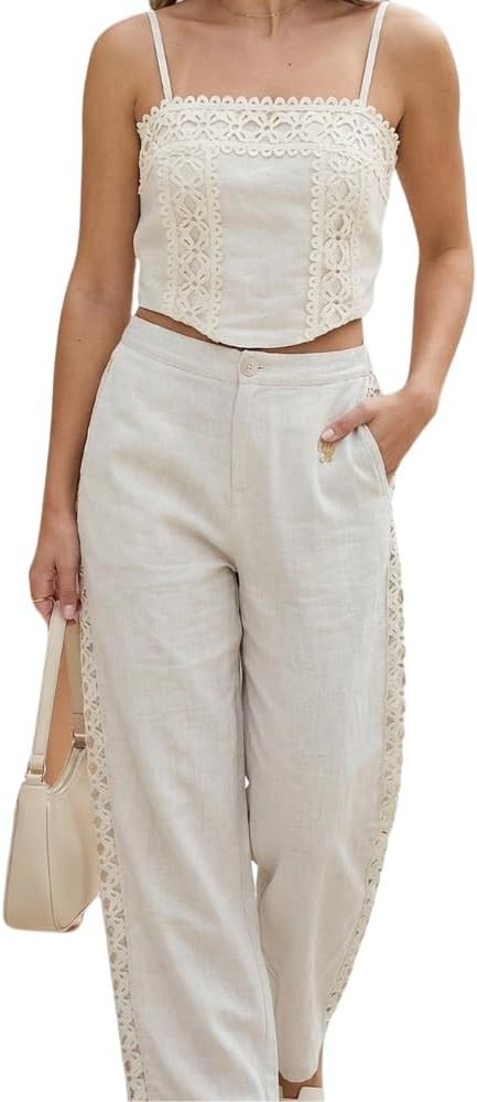 YUSHE 2-Piece Crop Top and Pants Set for Women | Lace Embroidered Top & Wide-Leg Pants with Pocke... | Amazon (US)