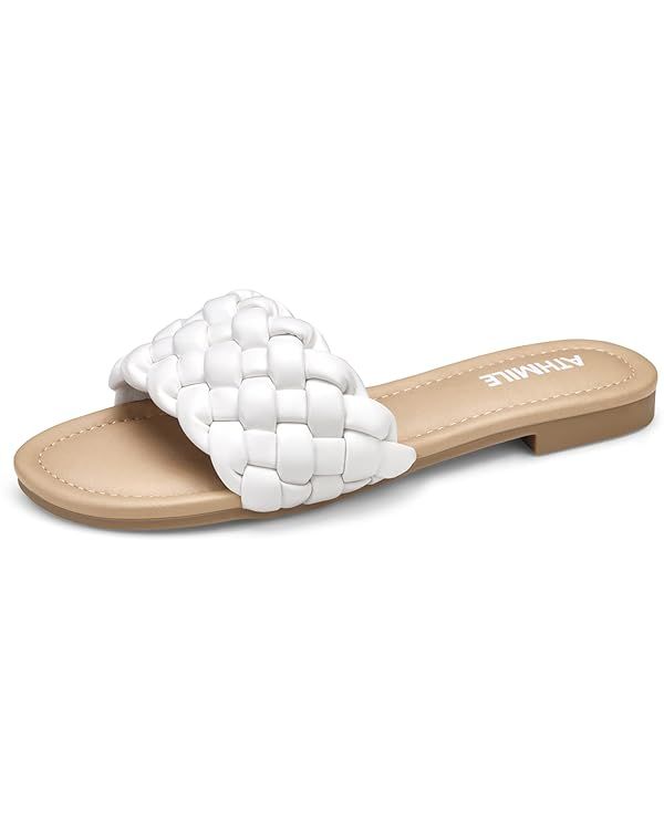 ATHMILE Sandals Women Dressy Summer Flat Comfortable Fashion Beach Cute Ladies Slides Leather Cas... | Amazon (US)