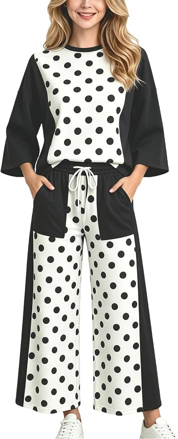 Mingzhu Women's Polka Dot 2 Piece Outfits Lounge Tracksuit Set | Wide Leg Pants, Pajamas Sets, So... | Amazon (US)