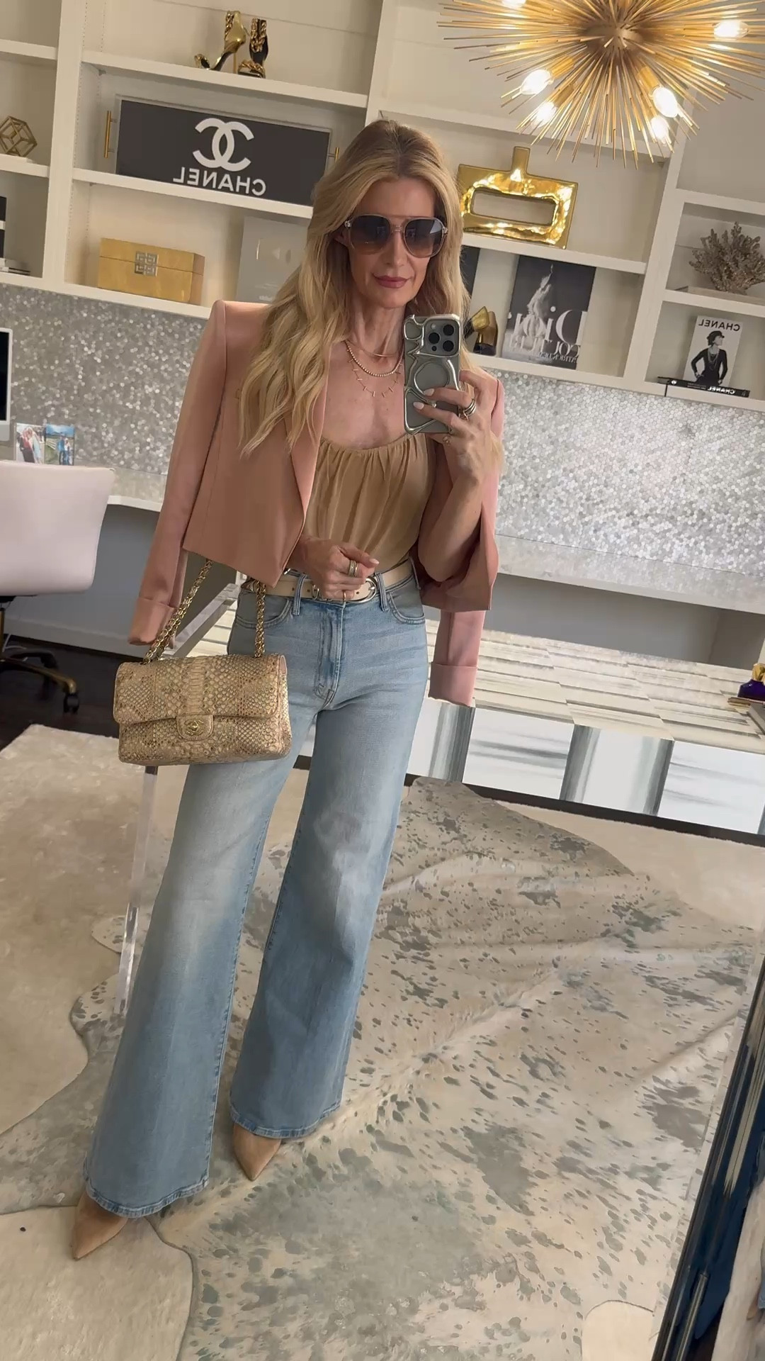 #ootd for a fun TEA AROUND DALLAS ✨✨✨ My favorite Mother jeans in a high-waisted, wide-leg silhouette (24) are so flattering and perfect for the season. Paired them with this tan mesh bodysuit from Express—can you believe it’s under $30?! (XS) 🫖✨ Finished the look with a cropped pink blazer (XS) for that chic pop of color. Everything runs true to size!



#LTKgrwm #LTKdayinmylife #LTKOver40
