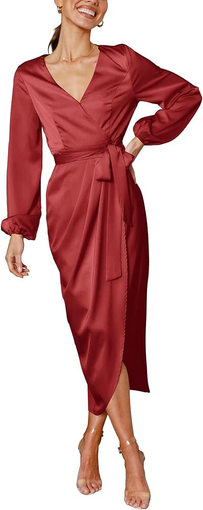 Women Satin Dress Deep V-Neck Long Sleeve Tie Waist Split Midi Dresses | Amazon (US)