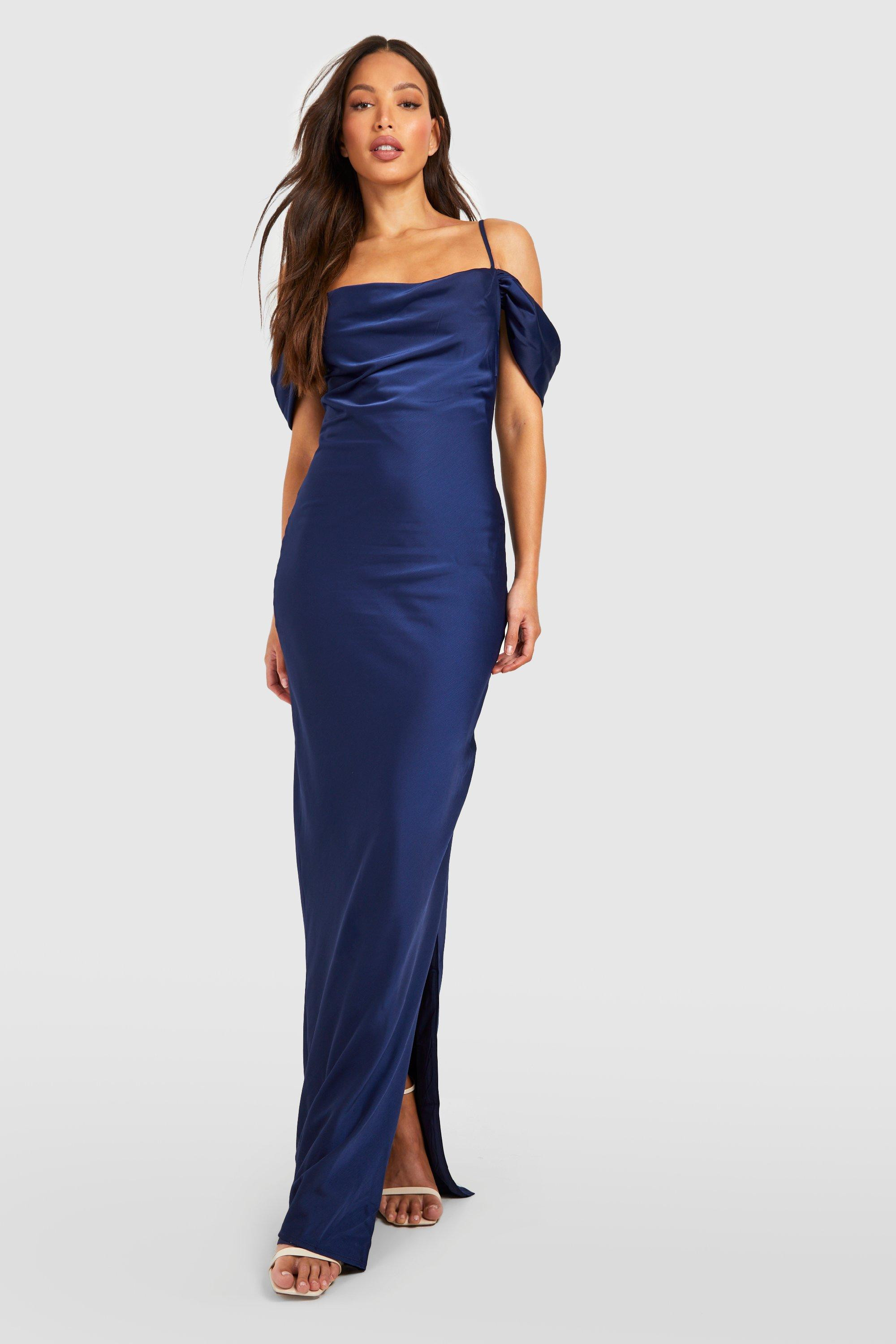 Womens Tall Bridesmaid Satin Cold Shoulder Maxi Dress - Navy - 16 | Boohoo.com (US & CA)
