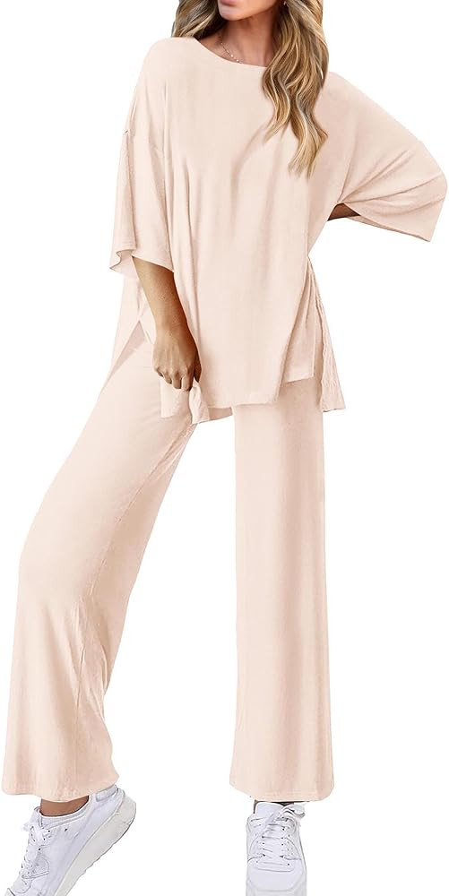 KIRUNDO Womens 2 Piece Outfits Lounge Set 2024 Casual Loose Short Sleeve Knit Pullover Tops and W... | Amazon (US)