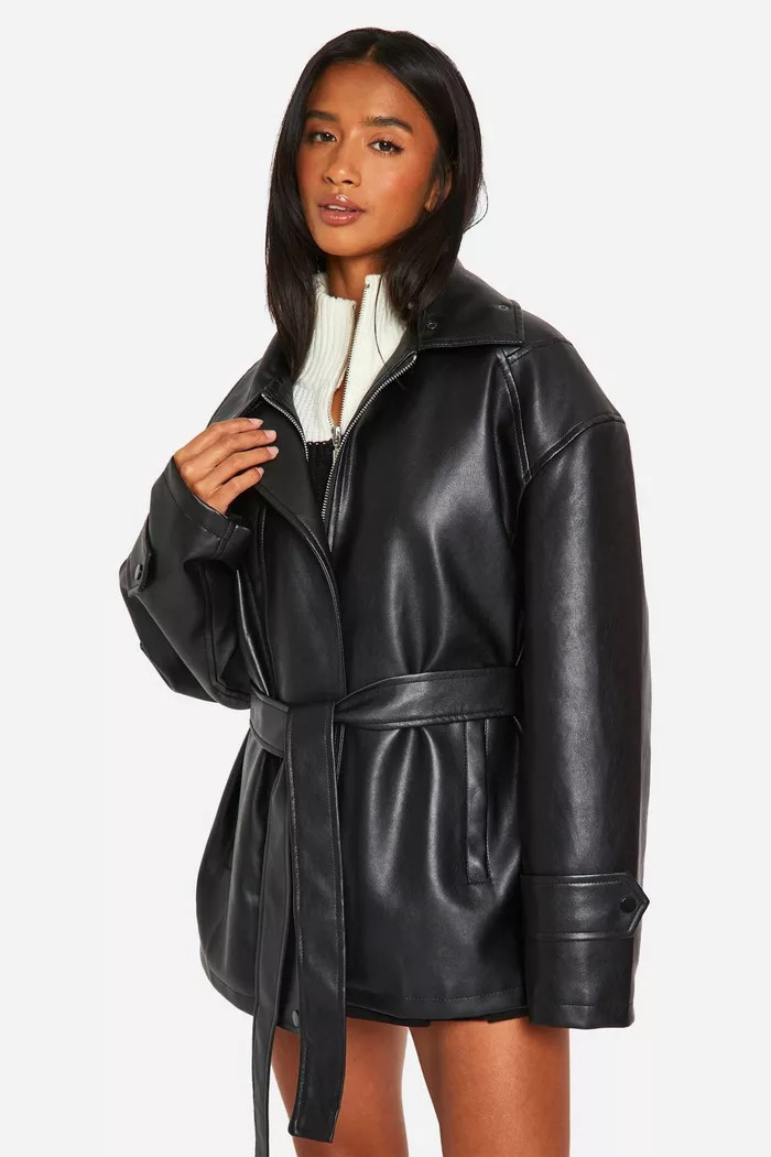 Petite Belted Faux Leather Trench Coat | boohoo (US & Canada)