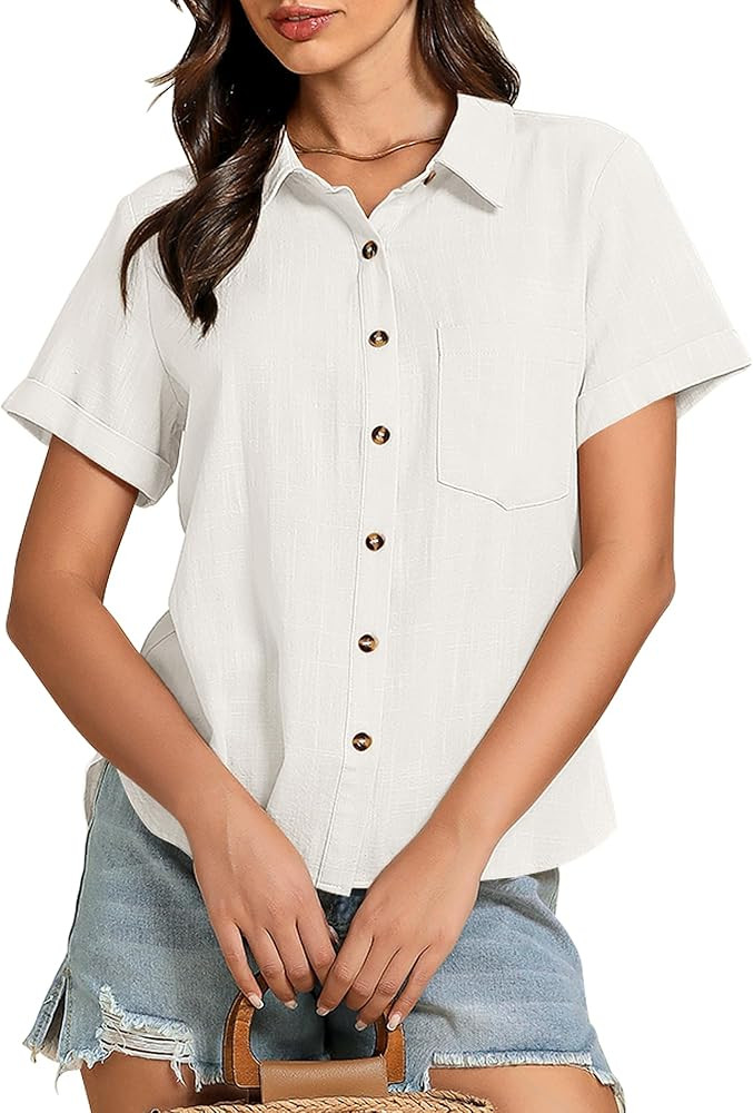 GRAPENT Linen Shirts for Women Trendy Button Down Shirts Short Sleeve Casual Collared Blouses Sum... | Amazon (US)