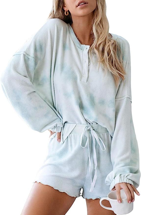 LAMISSCHE Tie Dye Lounge Wear Tie Waist Button Down Pajama Set Long Sleeve Sleepwear Pj Sets | Amazon (US)