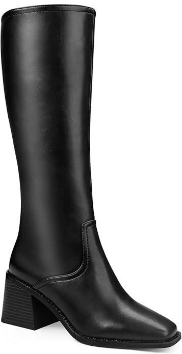 Knee High Boots Women - Long Elastic Faux Leather Boots Tall Square Toe Chunky Block High Heel Sh... | Amazon (US)