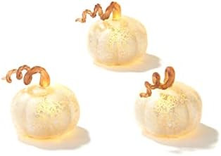 Mini Glass Pumpkins for Decorating - Set of 3 Fall Pumpkin Decorations, LED Lights Inside, White ... | Amazon (US)