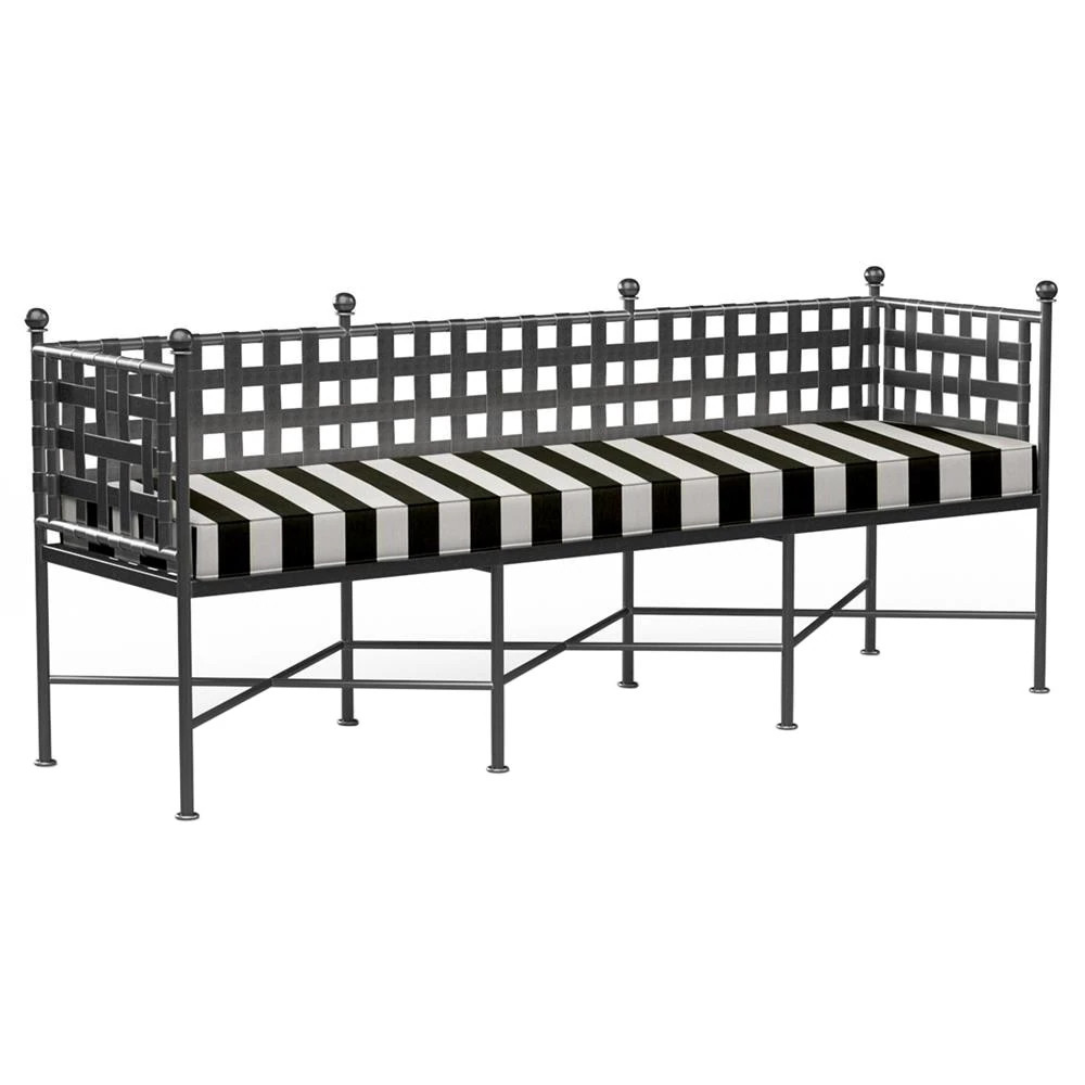 Sunset West Provence White Black Stripe Cabana Cushion Metal Outdoor Garden Bench | Kathy Kuo Home