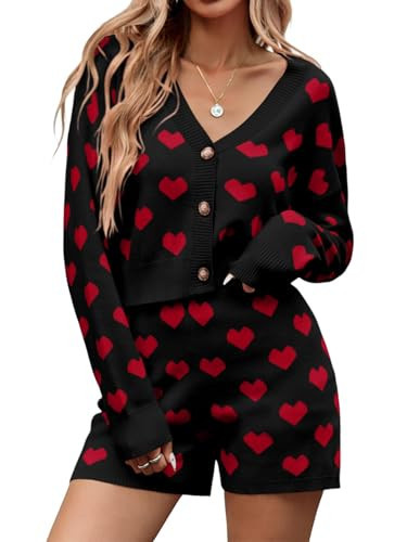 Tankaneo Womens Valentine's Day Sweater Sets Heart Knit Long Sleeve Cropped Cardigan and Shorts 2 Piece Outfits | Amazon (US)