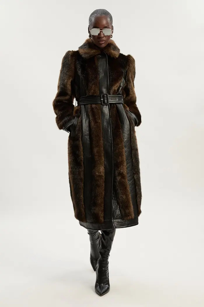 Karen Millen Faux Fur PU Panelled Belted Midi Coat | Nordstrom | Nordstrom