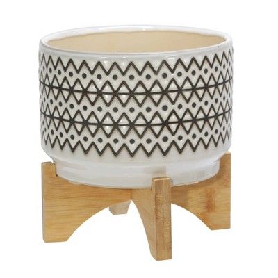 Sagebrook Home 7" Wide Abstract Pattern Ceramic Planter Pot with Wood Stand Ivory | Target