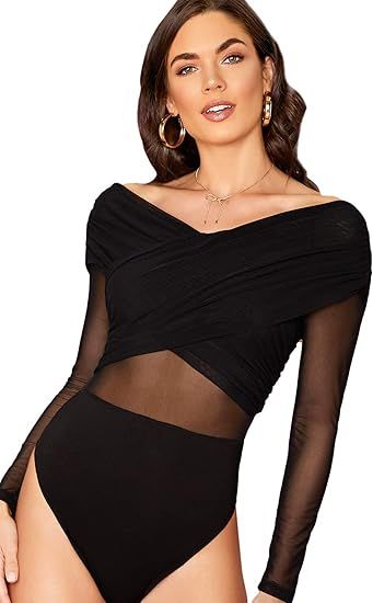 Verdusa Women's Elegant Sheer Mesh Cross Wrap Off Shoulder Skinny Bodysuit Top | Amazon (US)