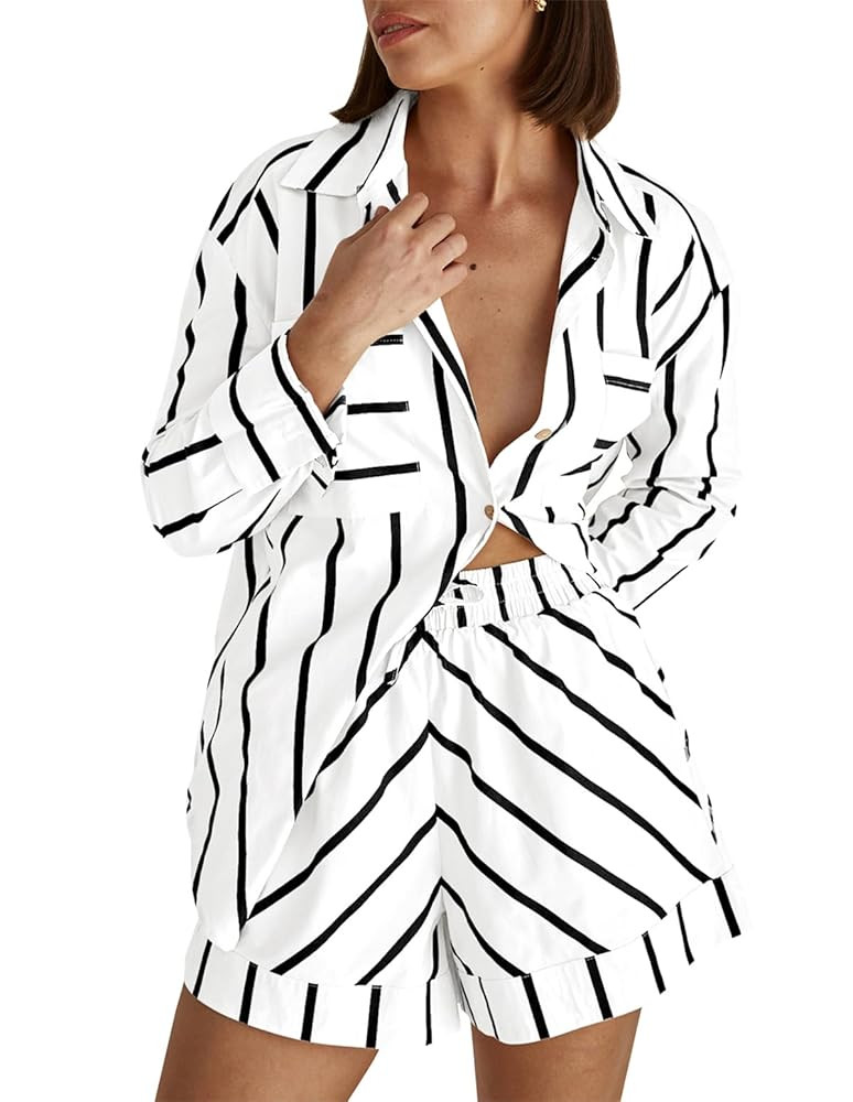 Women's Striped 2 Piece Outfits Casual Oversized Button Down Shirts and Short Lounge Pajamas Set | Amazon (US)