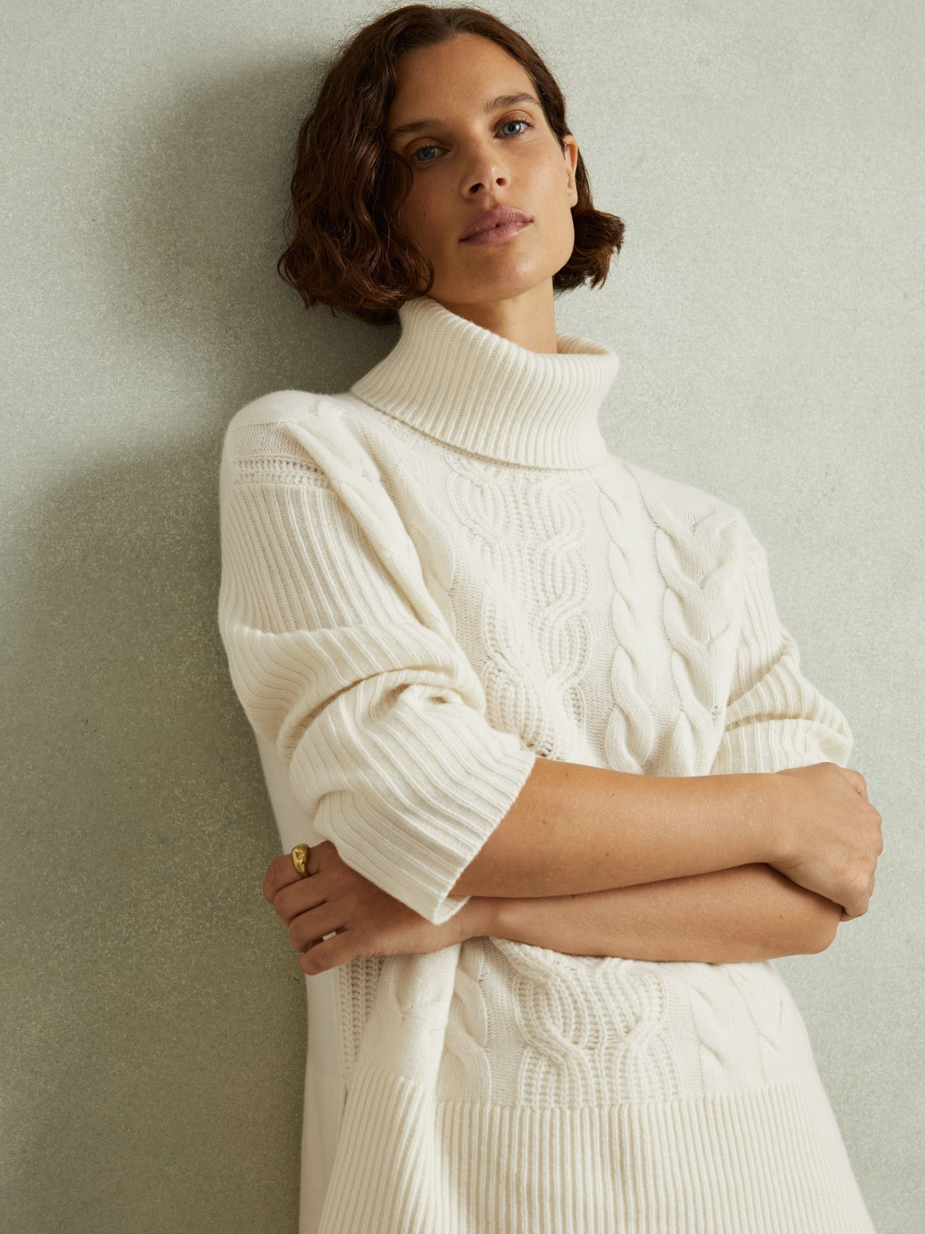 Reiss Wool-Cashmere Cable Knit Roll Neck Jumper in Cream - REISS | Reiss UK