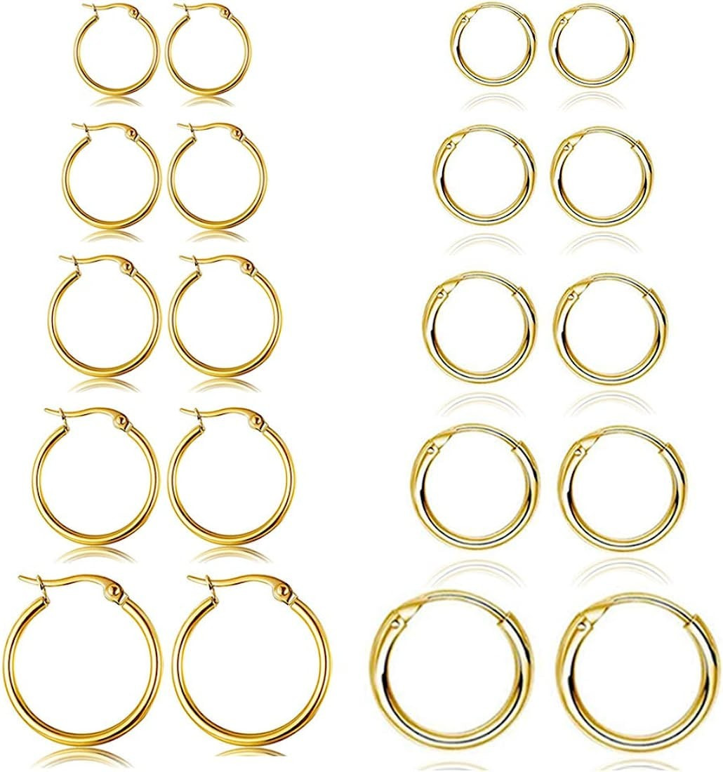 5-10 Pairs Silver Gold Hoop Earrings for Women, Small Stainless Steel Hypoallergenic Earrings Set... | Amazon (US)
